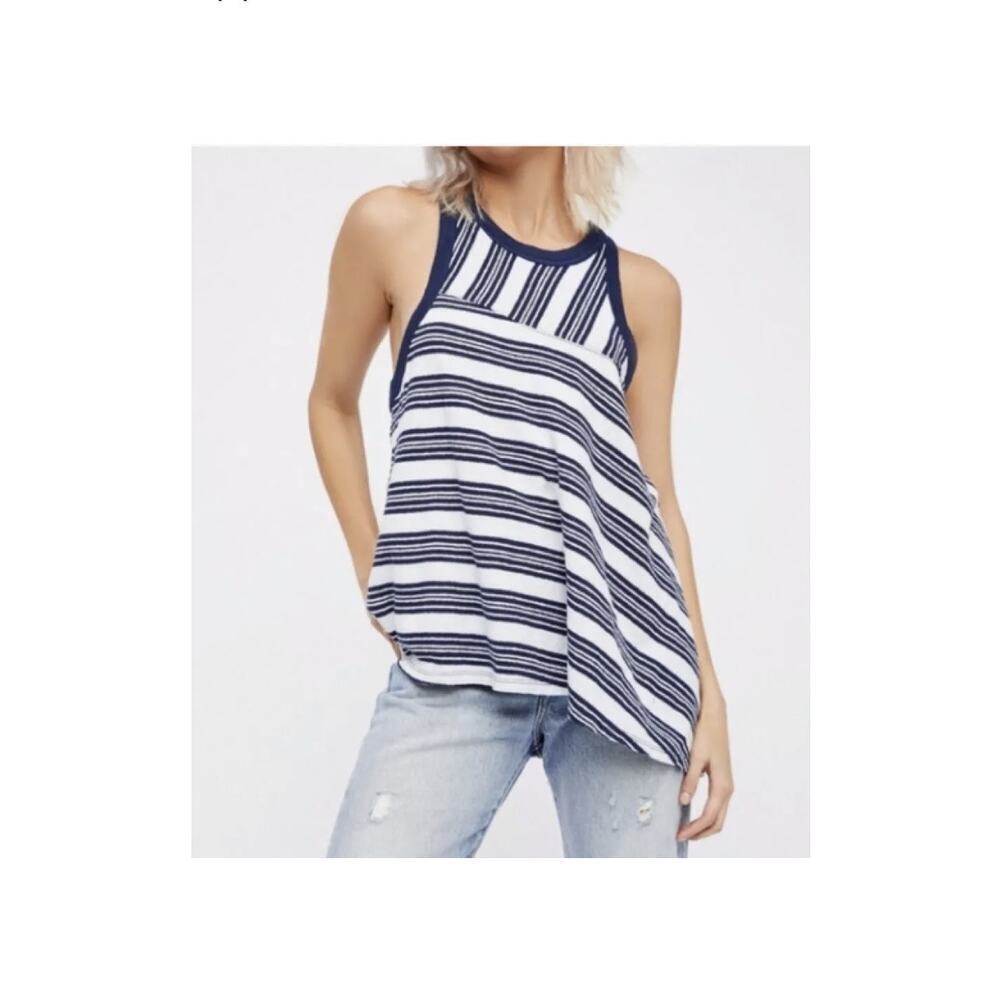 We the Free Tank White Blue Striped Asymmetrical Size Small